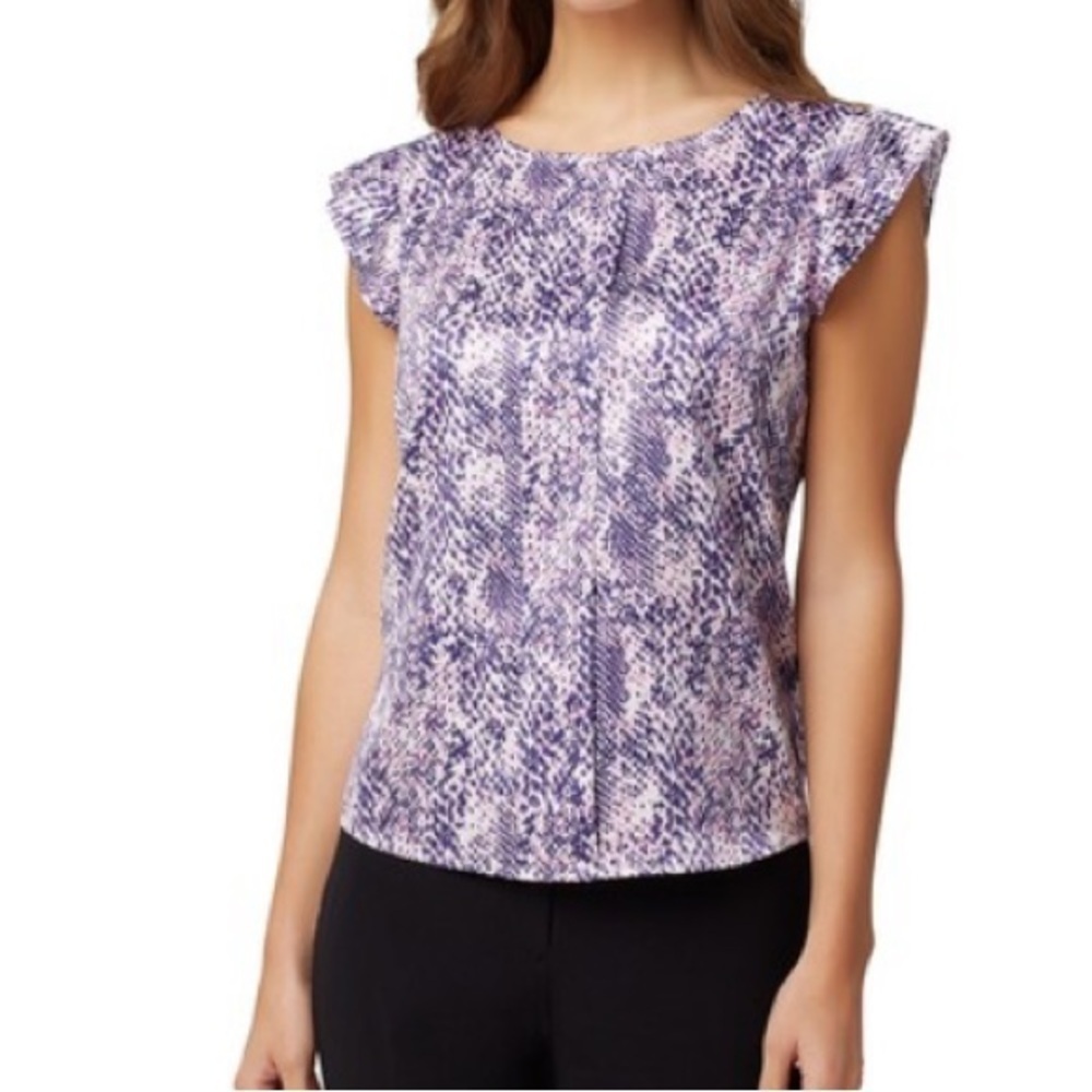 Tahari Purple Pleated Print Blouse - Picture 5 of 5